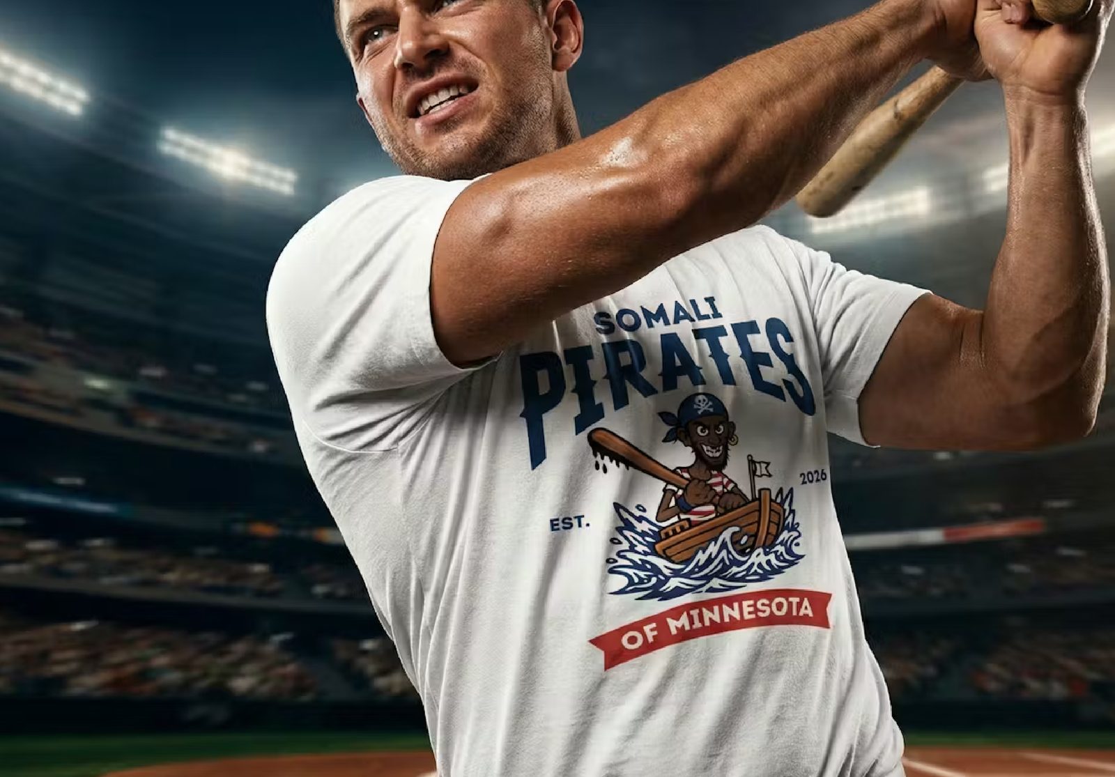Baseball batter wearing Somali Pirates tee in stadium