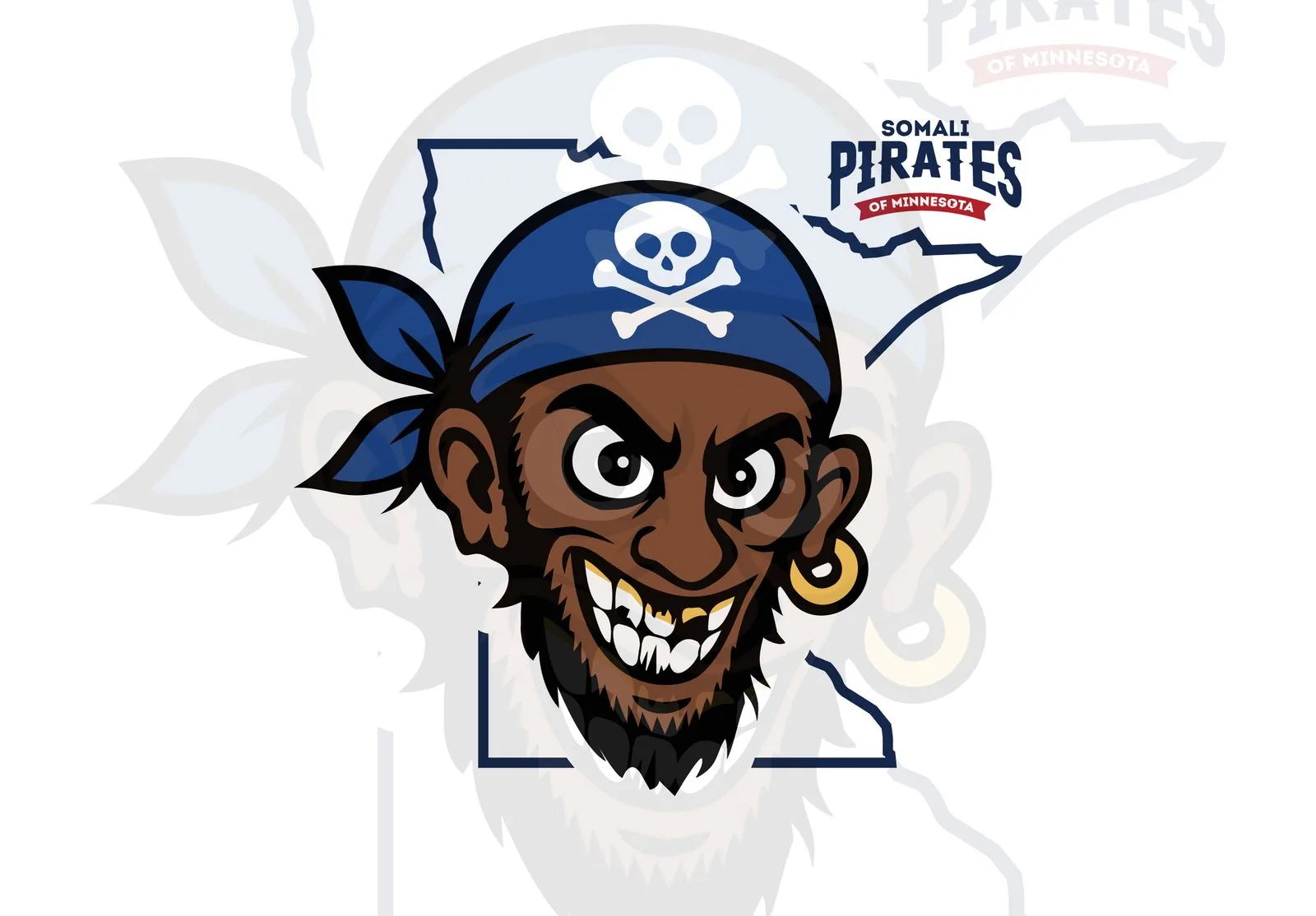 Somali Pirates mascot head closeup on Minnesota state outline