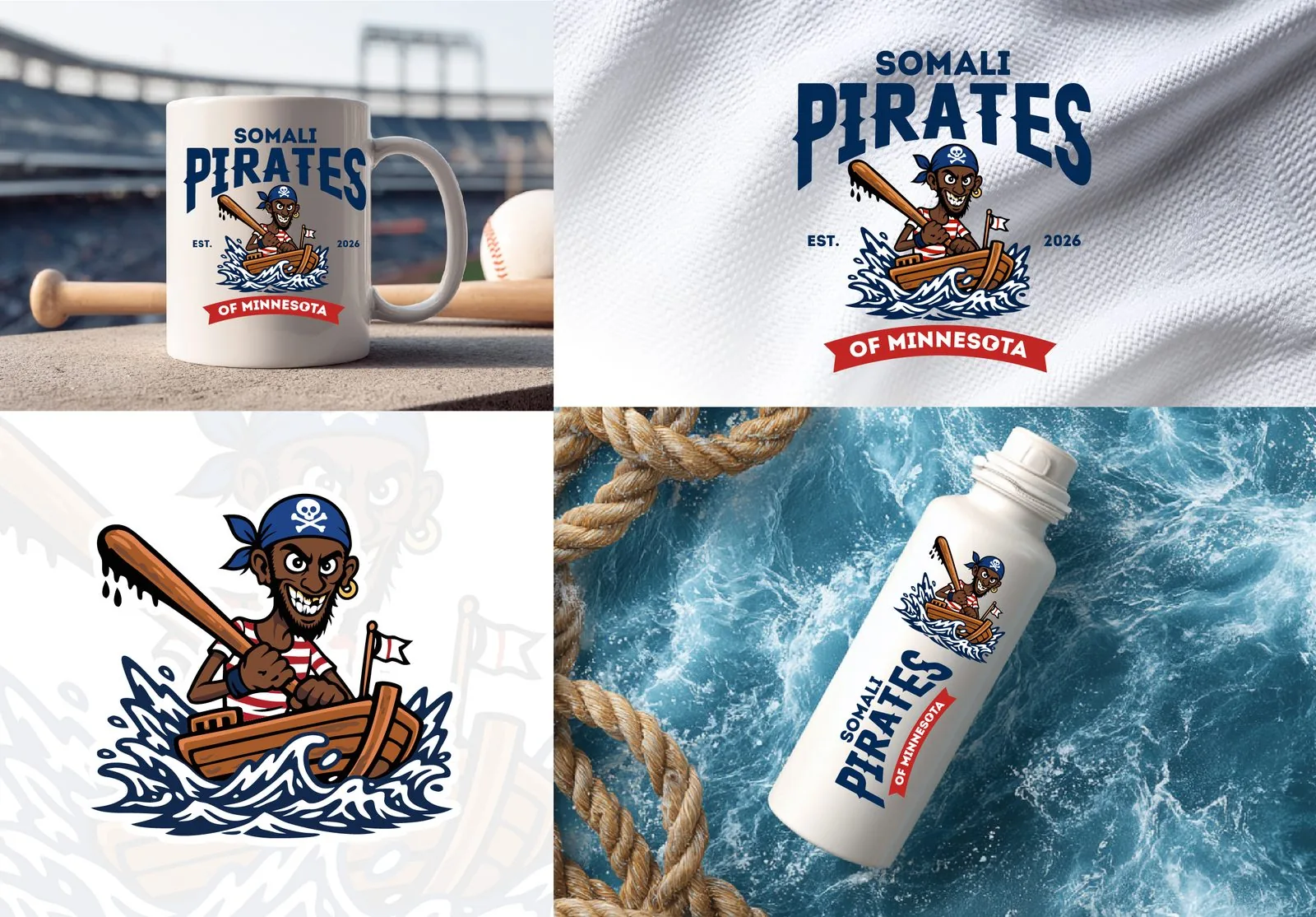 Somali Pirates merchandise: mug, jersey, mascot detail, water bottle