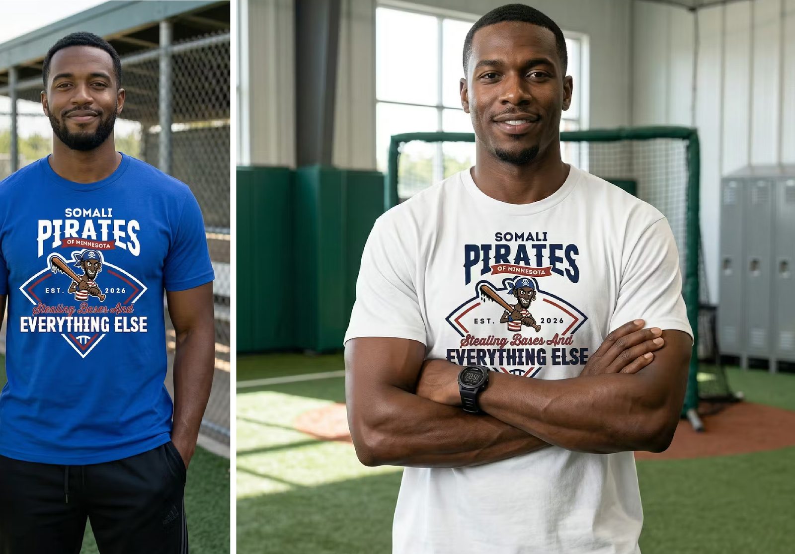 Lifestyle shots of Stealing Bases tee in blue and white