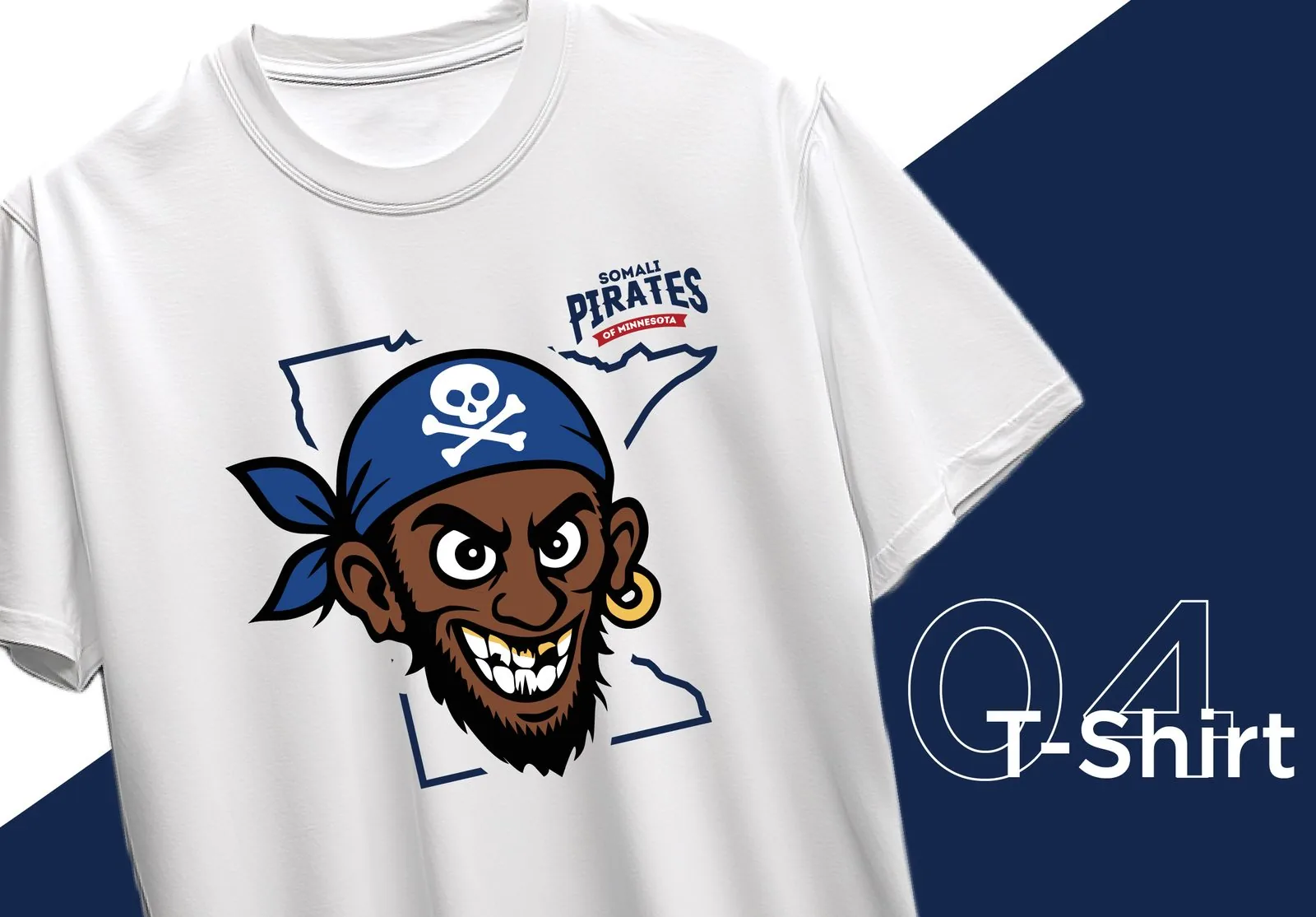Somali Pirates mascot head on Minnesota state t-shirt mockup