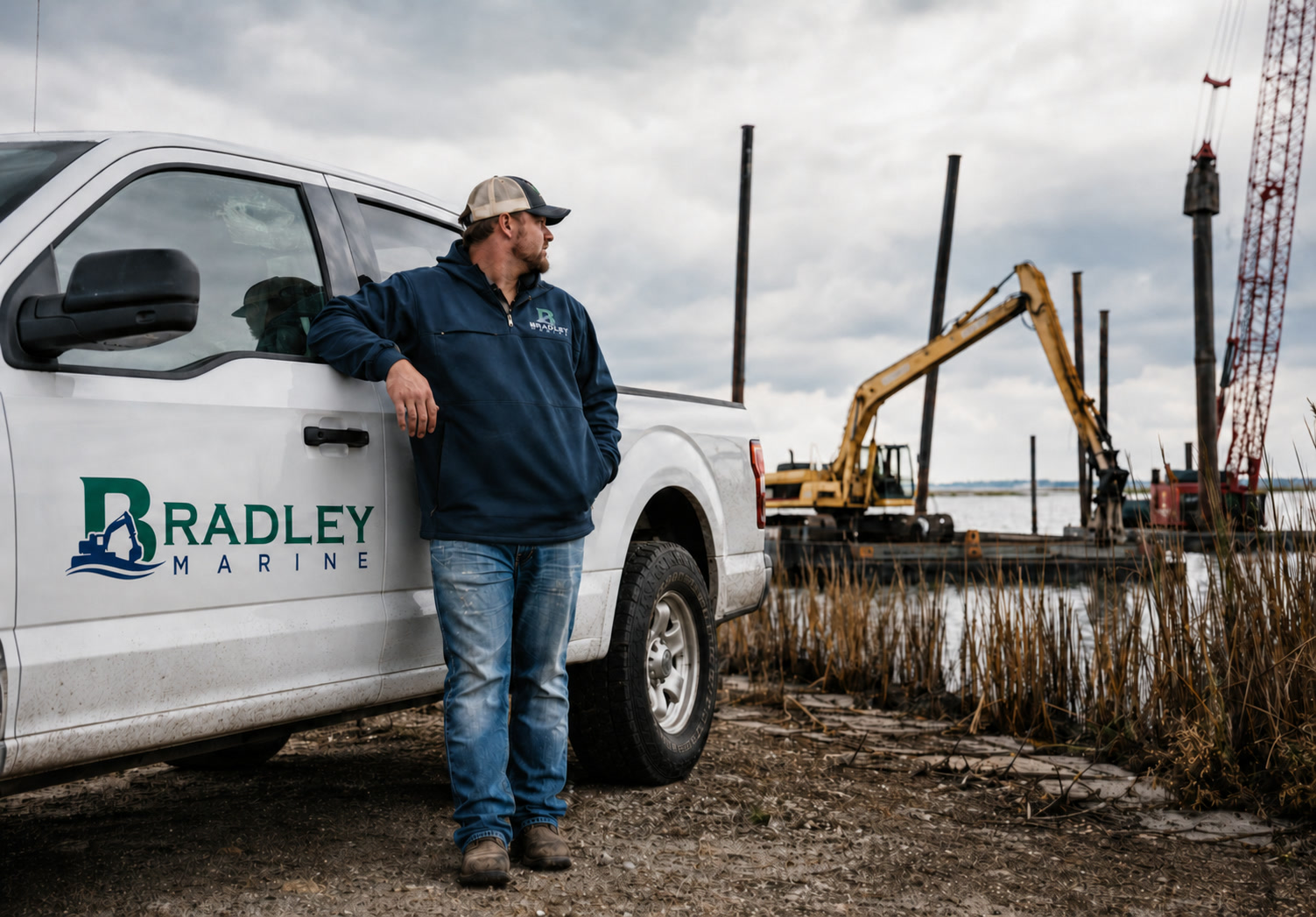 Bradley Marine branded truck, worker, excavator, and shoreline construction identity