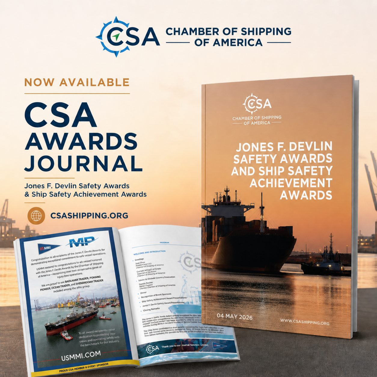 CSA Awards Journal promotional artwork showing the printed safety awards journal and maritime cover