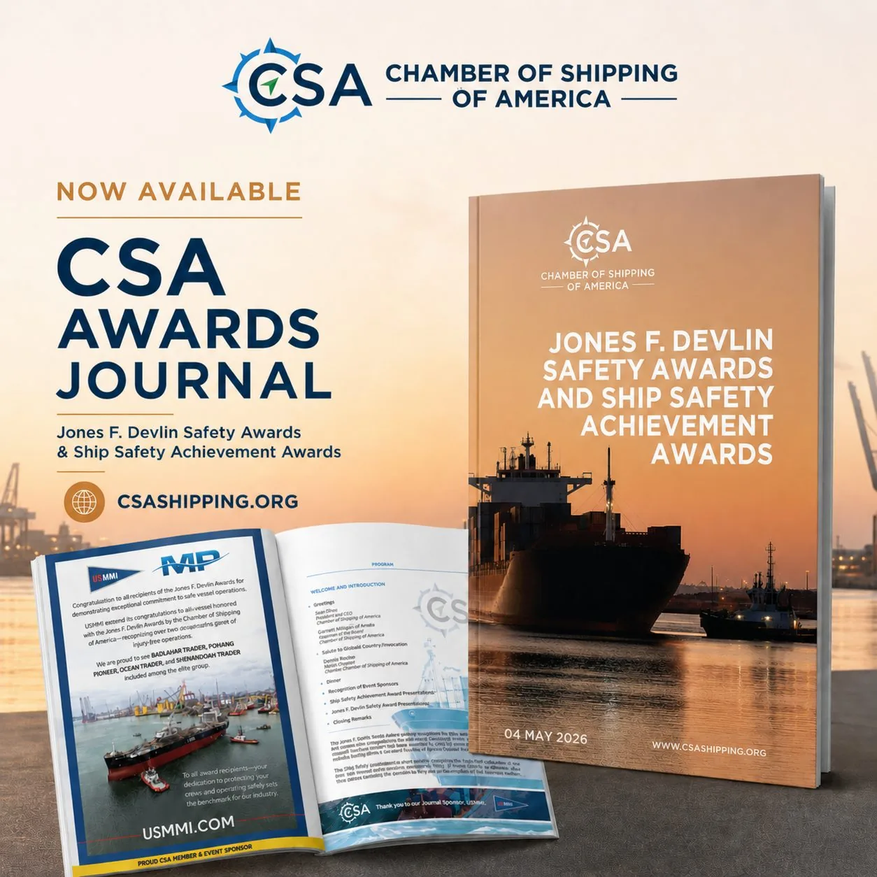 CSA Awards Journal promotional artwork showing the printed safety awards journal and maritime cover