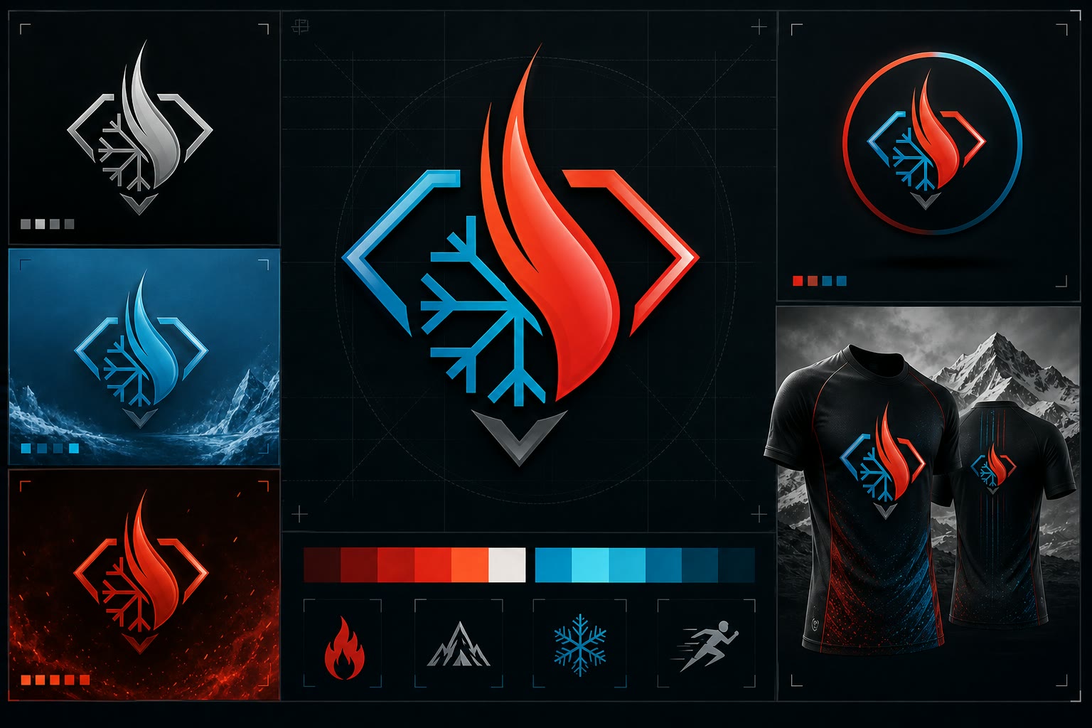 Cold Fusion Club dynamic identity scheme showing the fire and ice logo, colour variants, icon set, and apparel applications